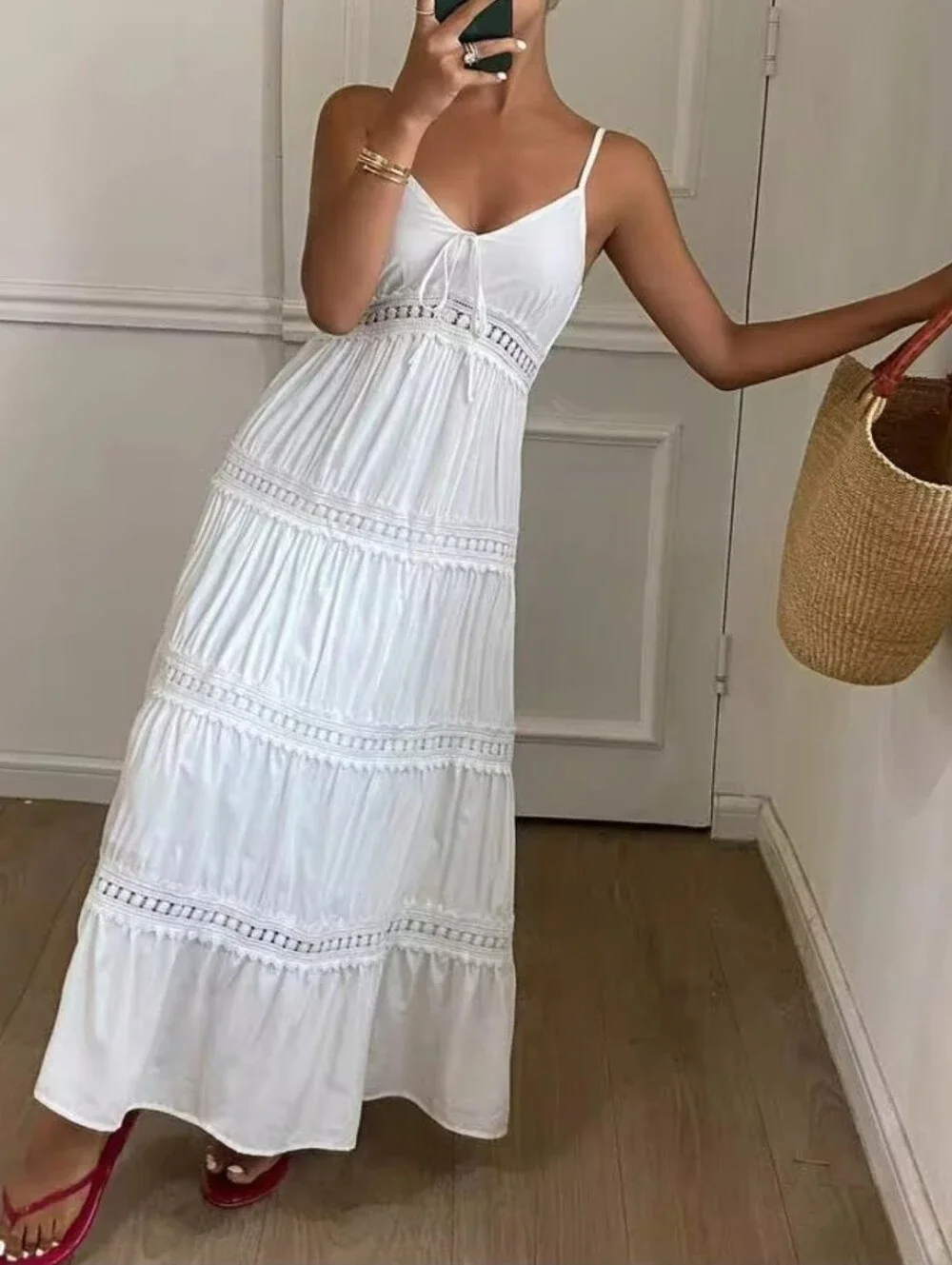 New Flowy Lace Trimmed Tiered Long Cami Dress White - Picture 4 of 9